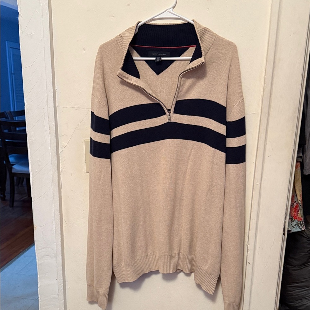 Tommy Hilfiger Beige and Navy Zip-Up Sweater